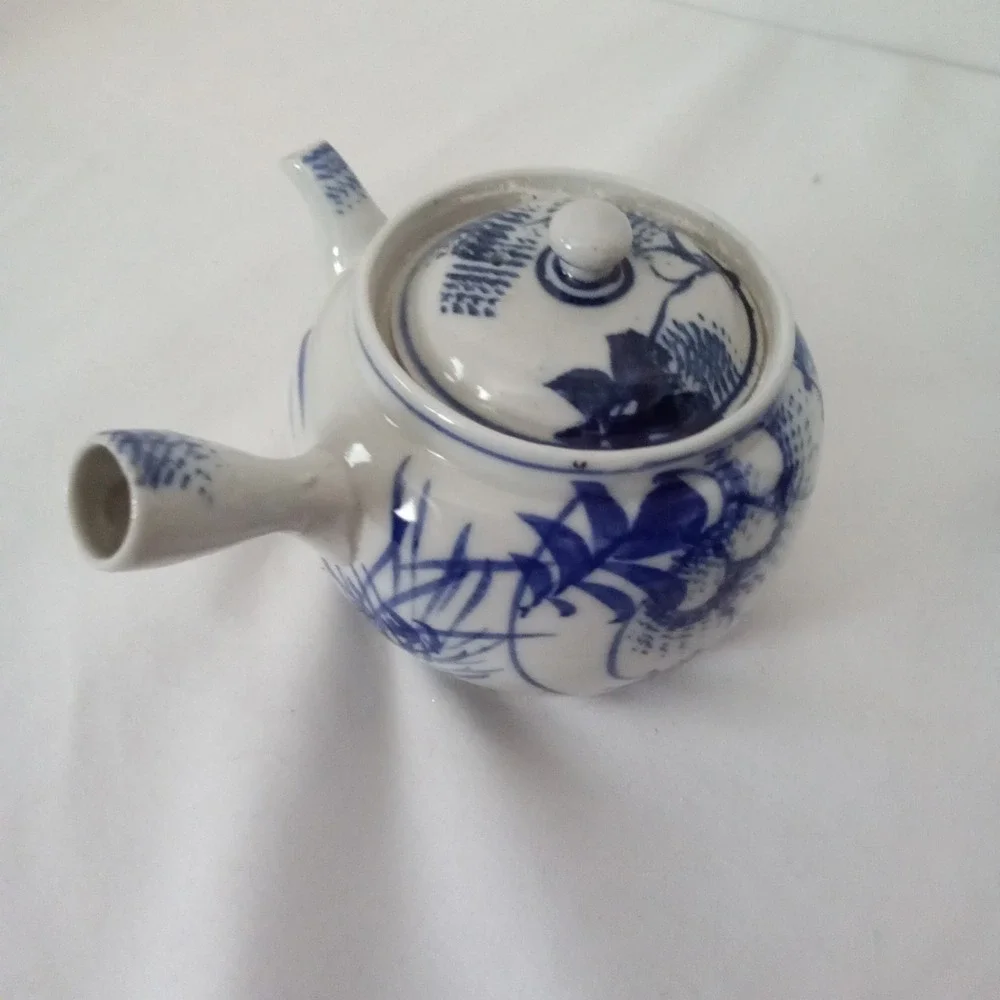 Japanese Kyusu Side Handle Teapot Blue White Floral Bamboo Ceramic Tea Pot 3.5in